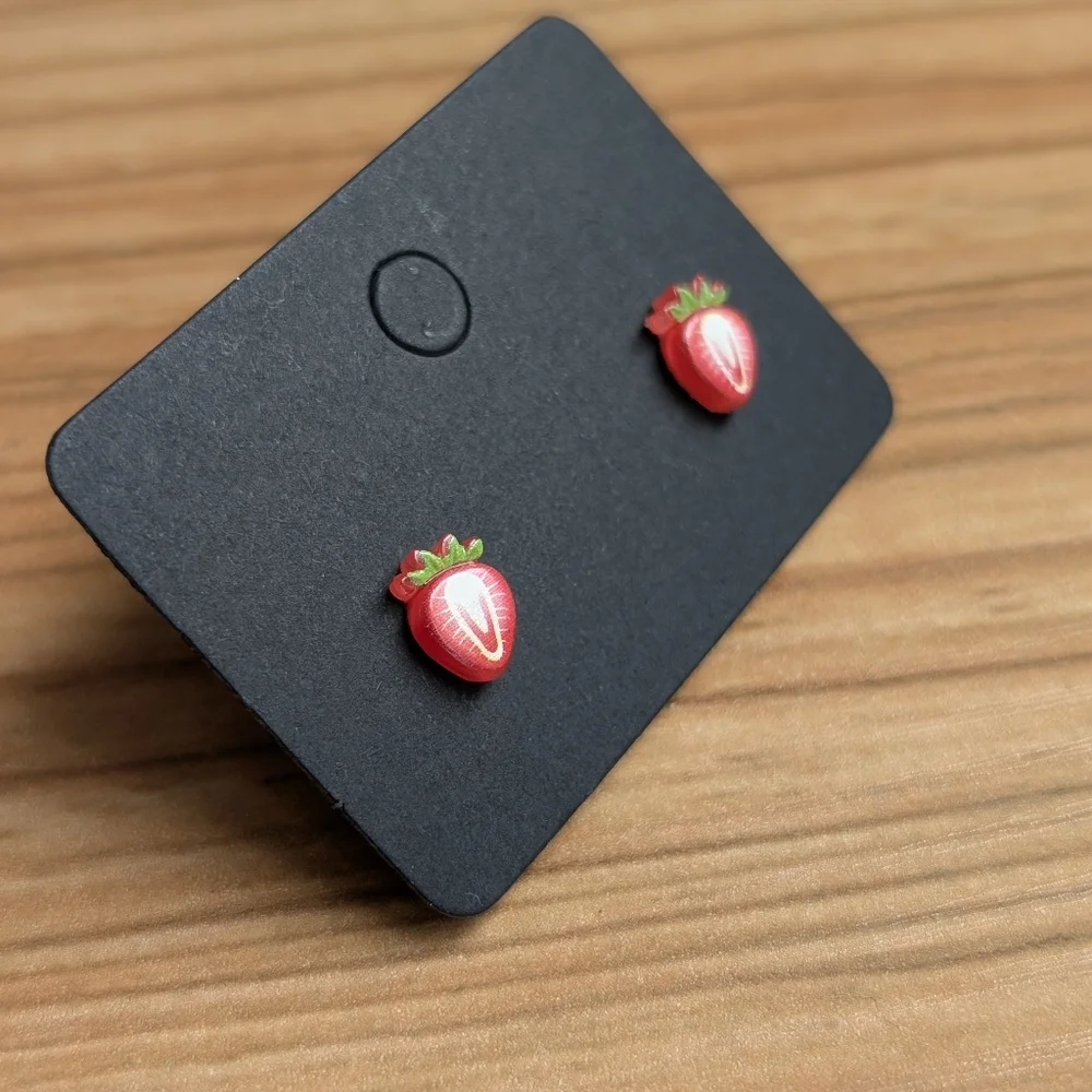 Mini Strawberry Slice Red White Gold Acrylic Fruit Stud Earrings Gift - Picture 3 of 4